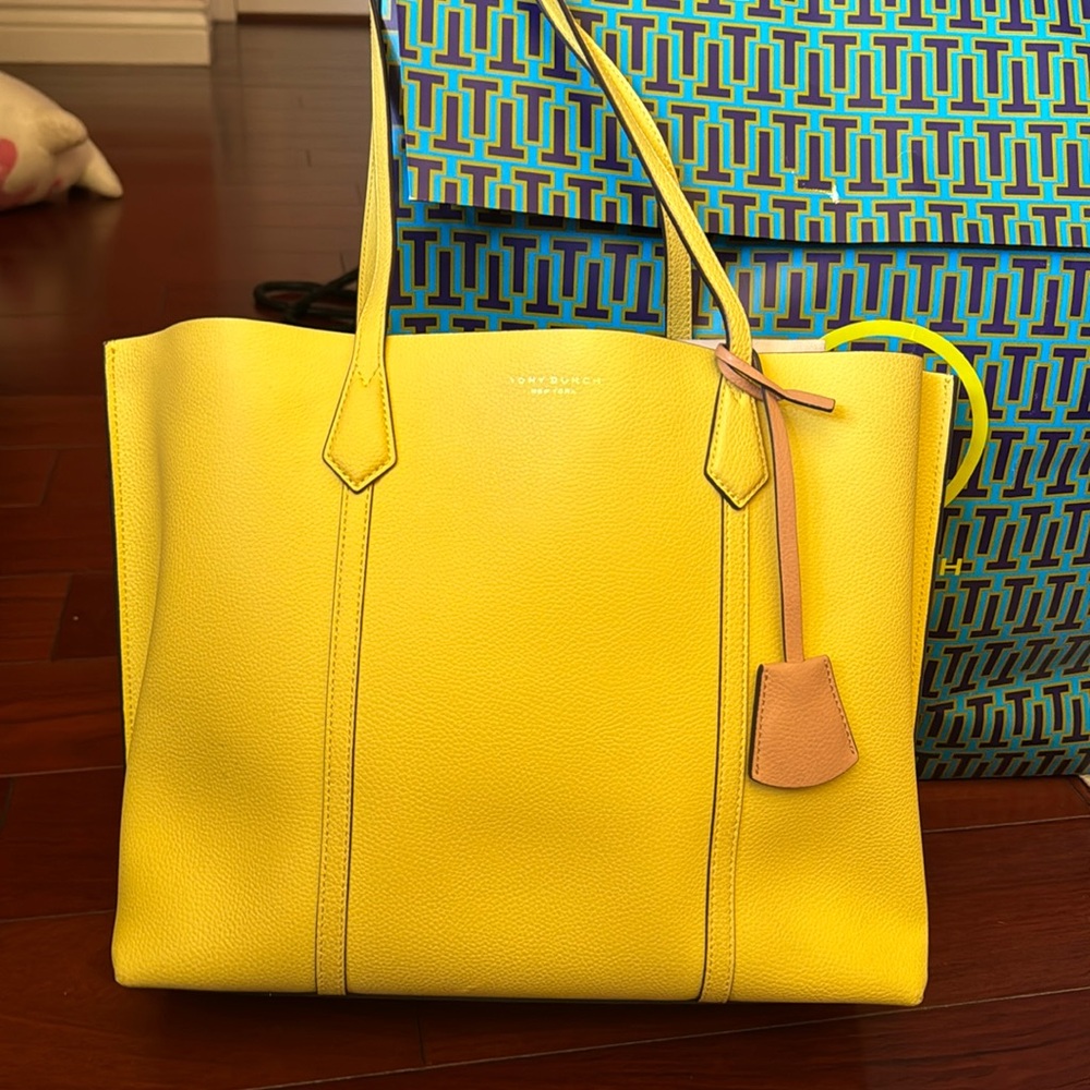 Tory Burch Yellow leather summer tote with zip up pocket. Like new condition!